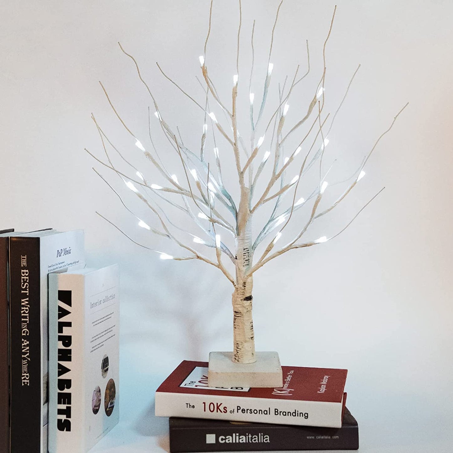 Brightdeco White Birch Tree with LED Lights Set of 2 Money Tree 36LED Tabletop Lighted Birch Tree for Christmas Halloween Wedding Decoration Indoor (White)