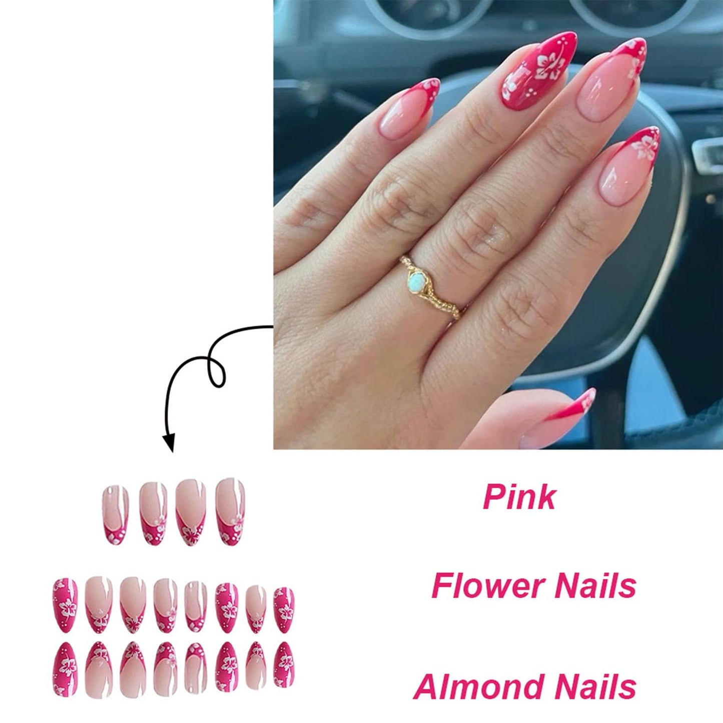 Tyuimhx Red French Tip Press on Nails Medium Almond Fake Nails with Flowers Designs Floral False Nails Full Cover Stick on Nails Acrylic Artificial Nails for Women Glue on Nails 24Pcs