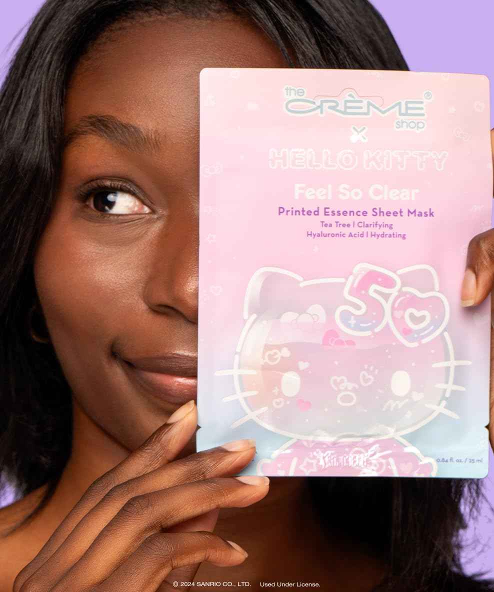 The Crème Shop x Hello Kitty Feel So Clear Printed Essence Sheet Mask, Clarifying and Hydrating Face Mask with Tea Tree and Hyaluronic Acid - 50th Year Anniversary Limited Edition - (Pack of 12)