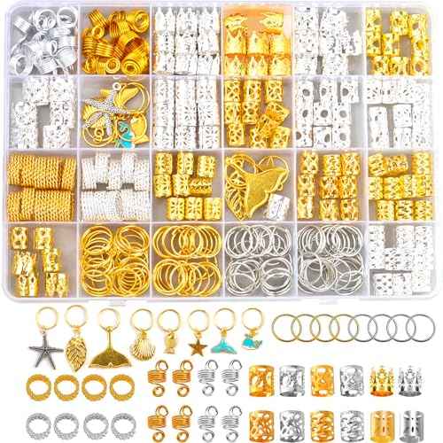 Coriario 292 Pcs Gold Silver Hair Jewelry for Braids Hair Charms Accessories Loc Jewelry Rings Cuffs Pendants Decorations for Women Men Braids Locs Dread