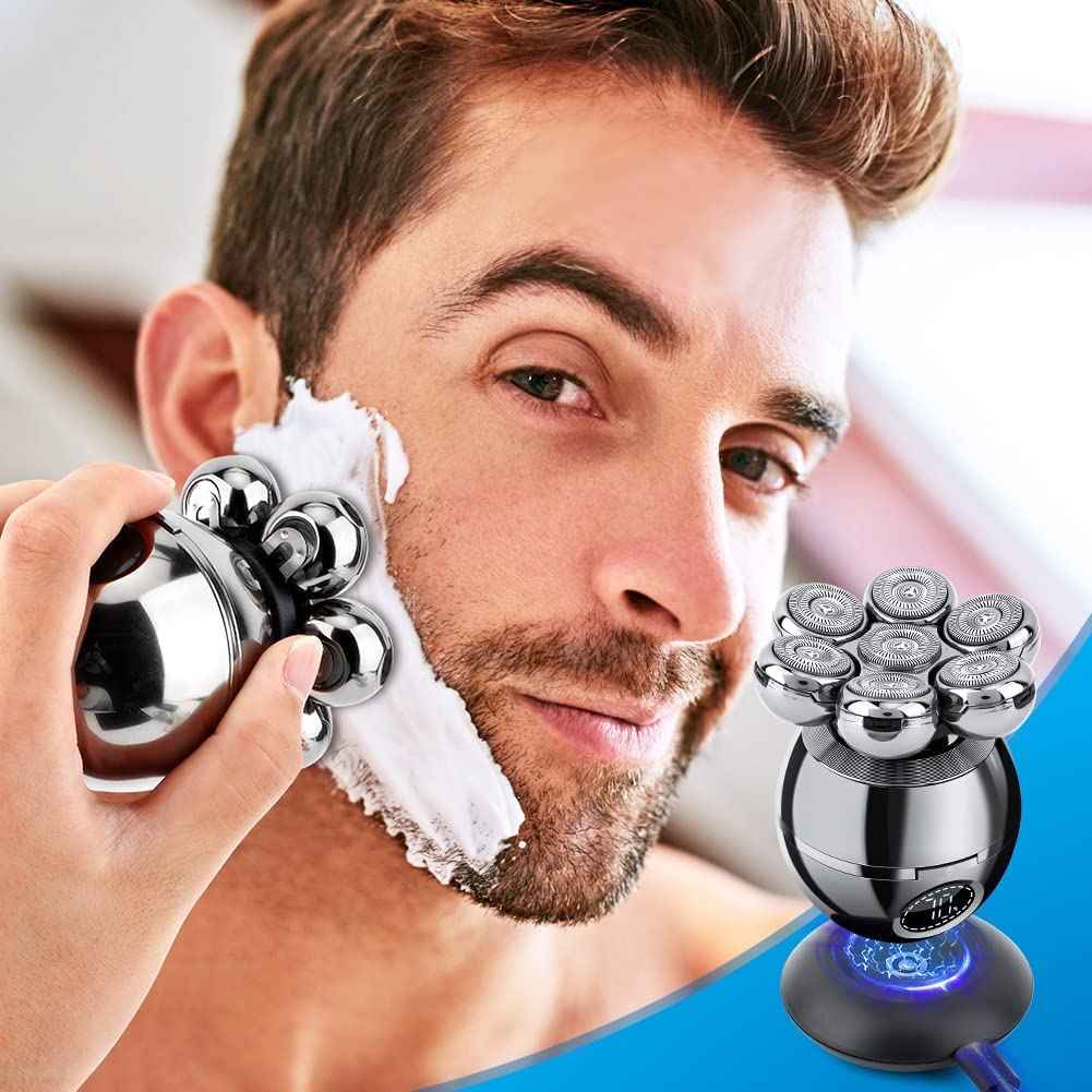 Head Shavers for Bald Men, Wjiang 6 in 1 Electric Razor Mens Shaver Wet Dry Cordless Electric Skull Shavers 7D Floating Rechargeable Bald Head Shaver Back for Men Father's Day Gifts