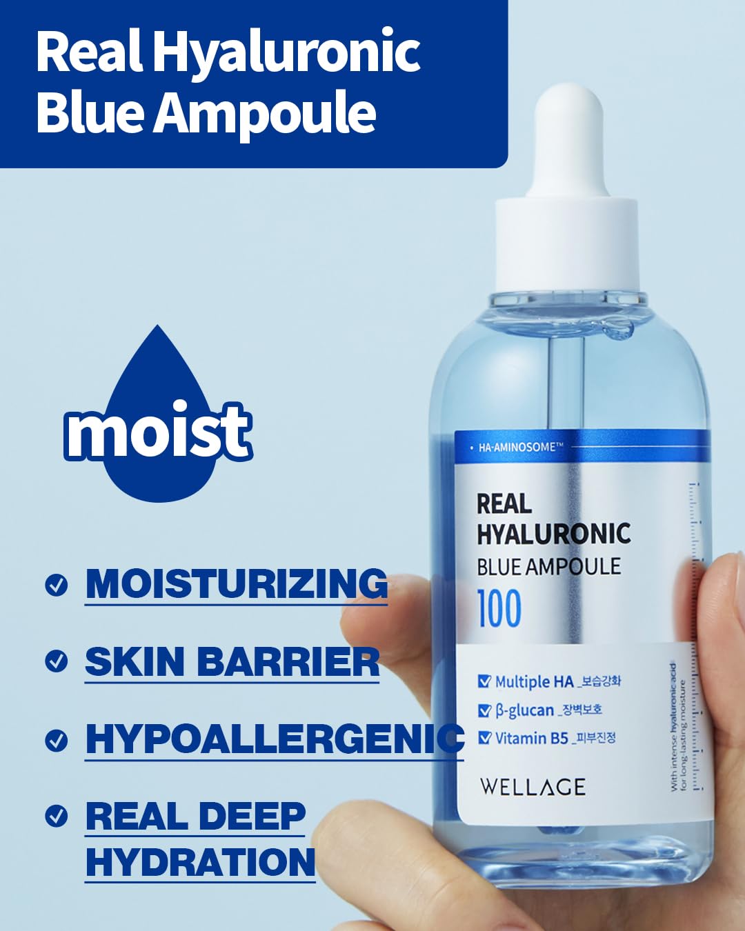 WELLAGE Real Hyaluronic Blue Ampoule 100, Fragrance Free Hyaluronic Acid Ampoule, Hydrating Non Sticky Serum for Sensitive Dry Skin, 2.54 fl.oz