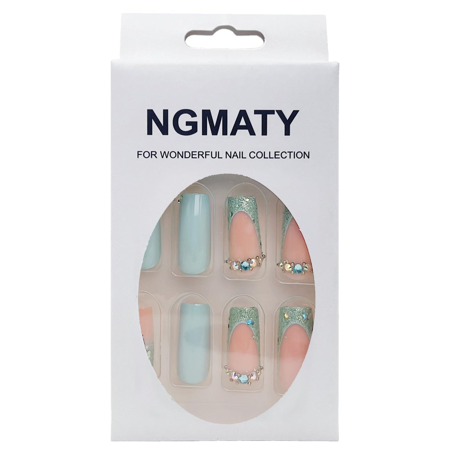 NGMATY Press On NailsFrench Blue Glitter Edge Crushed Diamonds Glitter Medium Long Square Press On Nails 12 Sizes 24 Pcs Gel False Nail Set