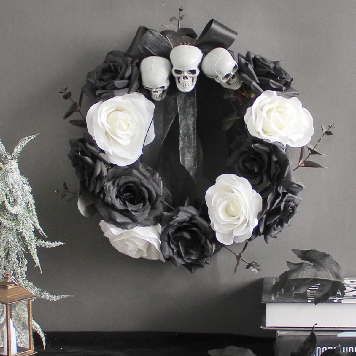 lqzb Ghost Halloween Wreath with Skull Pendant for Haunted House Decor-Outdoor&Scary Parties