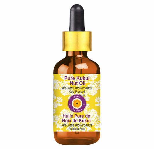 Deve Herbes Pure Kukui Nut Oil (Aleurites moluccanus) with Glass Dropper Natural Therapeutic Grade Cold Pressed 30ml (1 oz)