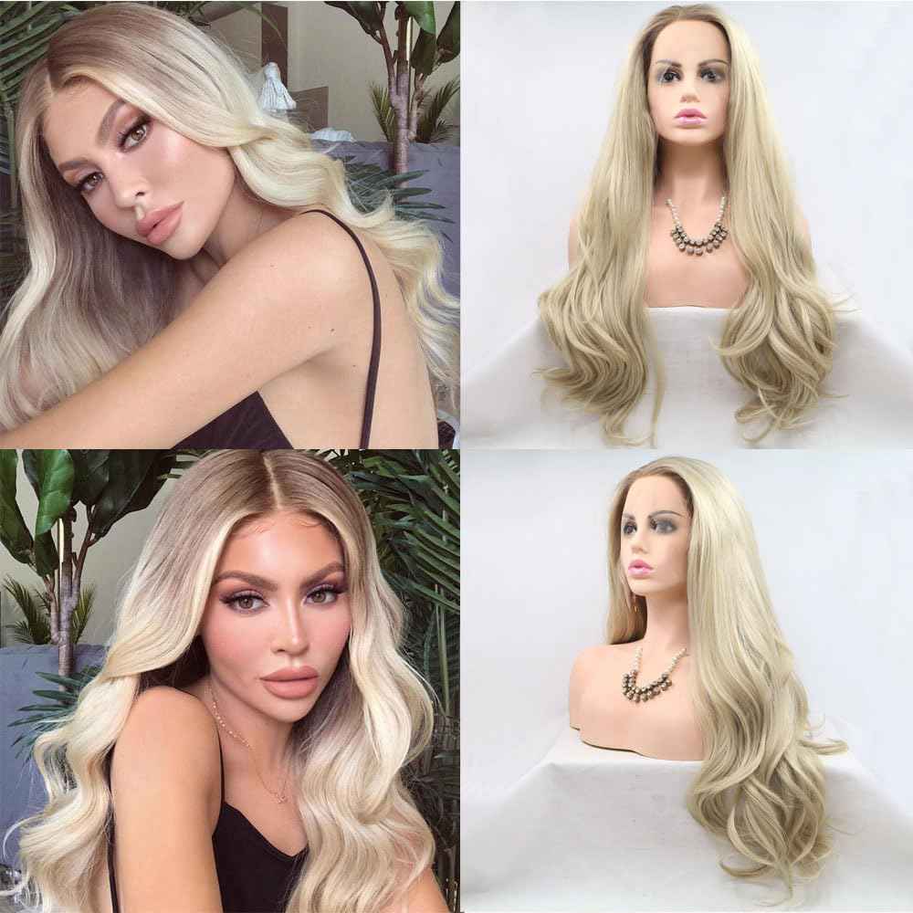 Xiweiya 13x3 Lace Long Ombre Blonde Wavy Lace Front Wig with Blonde Brown Roots Natural Wave Synthetic Lace Front Wig for Halloween Cosplay Wig Lace Heat Resistant Fiber High Density Wig for Women 24"