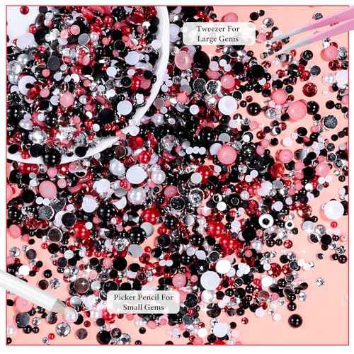 9000 Pcs Flatback Pearls and Jelly Resin Rhinestones for Crafting, Red White Black Mixed Size 3-8mm Jelly Rhinestones and Pearls Nail Jewels, Bedazzling Crystal Nails Art, Tweezer and Pickup Pencil