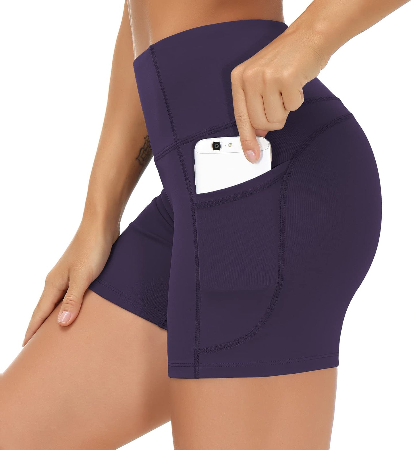 THE GYM PEOPLE High Waist Yoga Shorts for Women's Tummy Control Fitness Athletic Workout Running Shorts with Deep Pockets (Small, Purple)