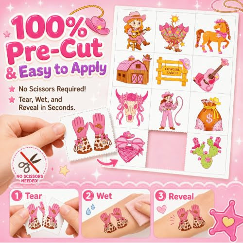 96 PCS Cowgirl Temporary Tattoos for Kids - Western Party Favors