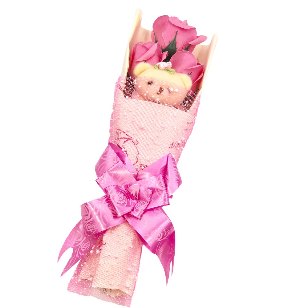 Abbie Home Flower Bouquet 3 Scented Soap Roses Gift Box with Cute Teddy Bear for Her Him Valentine's Day Anniversary Wedding Mothers Day Birthday Gift and Proposal-Pink