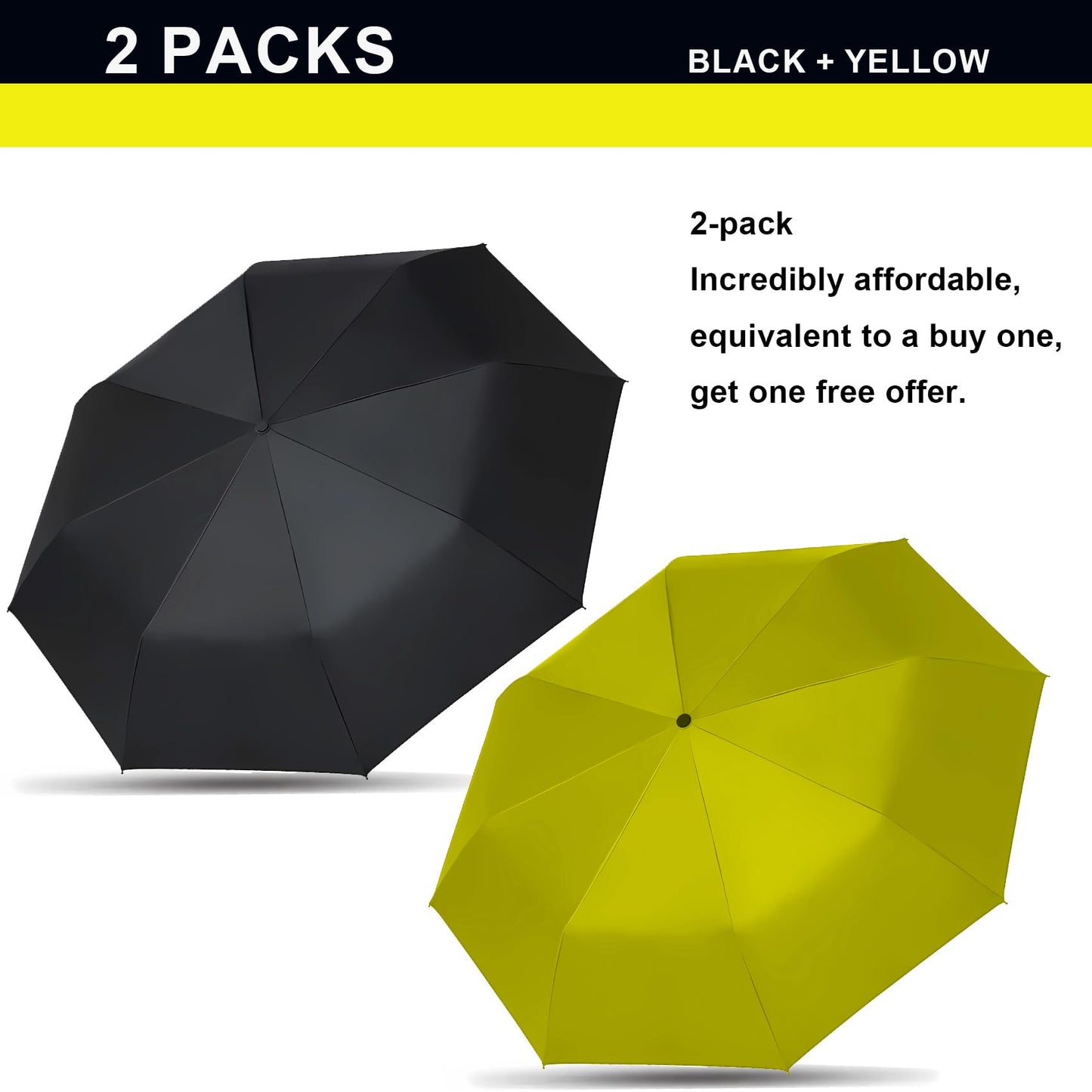 SIEPASA Two Packs Auto Open & Close Small Travel Umbrella for Backpack-Umbrellas for Rain, Windproof Lightweight Strong Mini Portable Umbrellas for Men and Women.(Black & Yellow, 2 Pack)