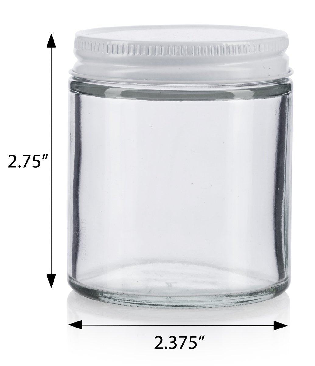 JUVITUS Clear Thick Glass Straight Sided Jar with White Metal Airtight Lid - 4 oz / 120 ml (12 pack) BPA Free Refillable Empty Storage Containers