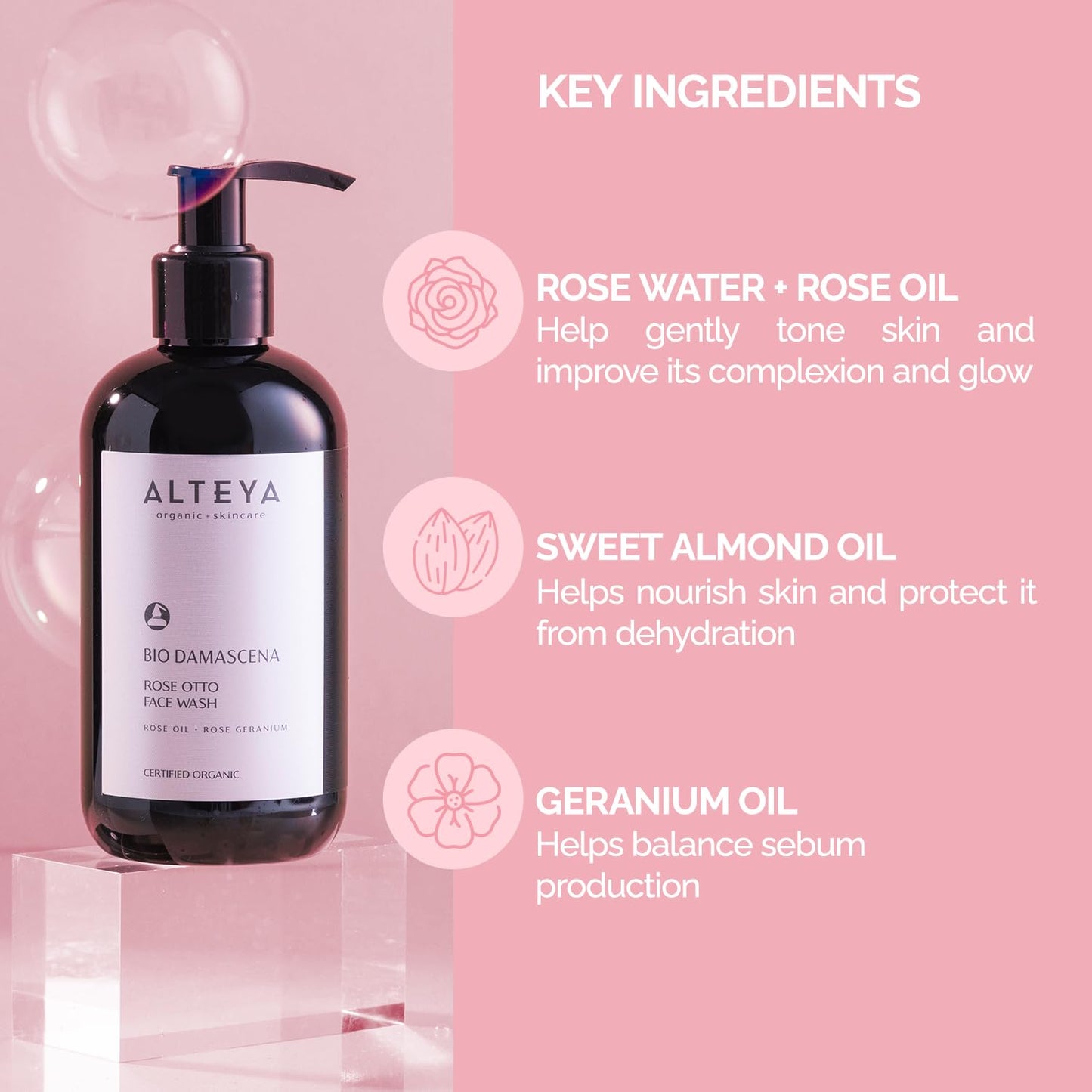 Alteya Organics Face Wash USDA Certified Organic Skin Care 8.5 Fl Oz/250 mL Bio Damascena Award-Winning Face Cleanser With Organic Bulgarian Rose Oil Purifying, Soothing and Beautifying