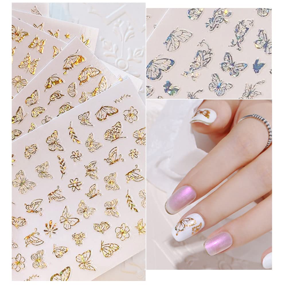 8 Sheets Butterfly Nail Art Stickers Gold Nail Decals,3D Luxury Nail Art Supplies Butterflies Gold Silver Nail Decoration for Designer Nail Stickers for Women DIY Acrylic Nails Decorations Accessories