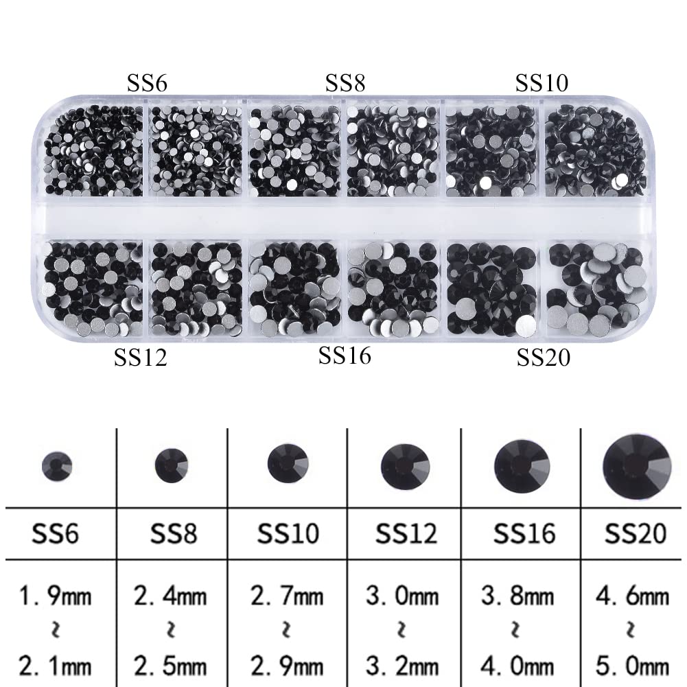 Katfan 1560PCS Flatback Crystal Black Rhinestones Round Gems Diamonds Stones Multi Shapes Rhinestone Jewels for Nail Art Crafts Decorations Clothes Shoes with Tweezers (Black)