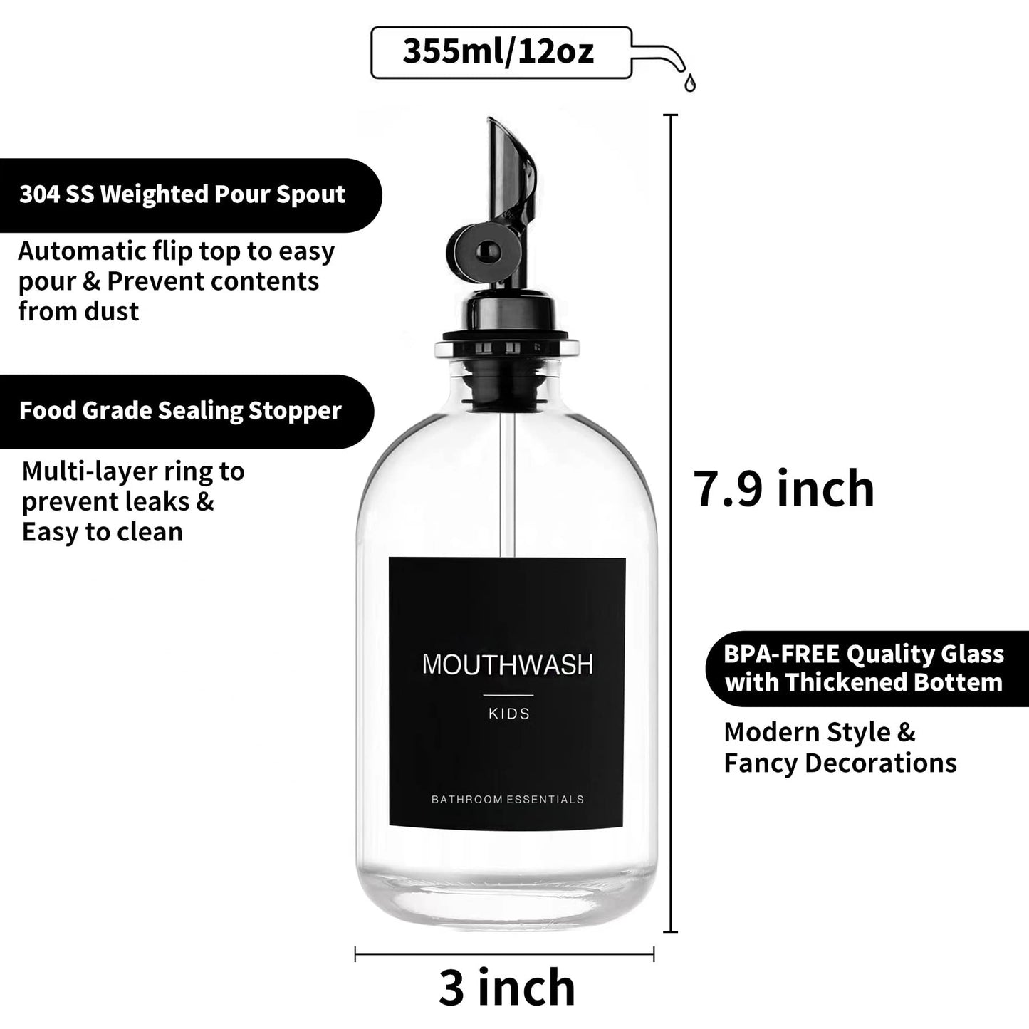 HomeFeel Black Glass Mouthwash Dispenser with Cups, 12.7 oz, 2 Pack - Clear Mouthwash Bottle with 304 Stainless Steel Spout & Minimalist Labels, Style Mouthwash Container for Bathroom
