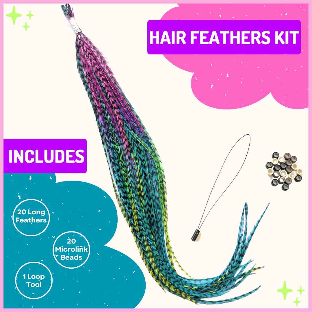 Hair Feathers in Rainbow Tie Dye Bright Colors, 20 Long Feathers with beads and loop tool DIY kit, Grizzly Rooster Feather Hair Extensions