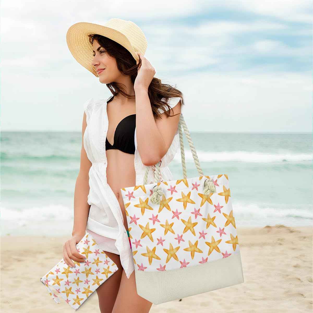 Beach Bags for Women, Wet Bag Cosmetic Bag, Pool Waterproof Shoulder Tote Bags, Pocket Zipper Summer Travel Essentials, Gifts for Women Birthday - Yellow and Pink Starfish (2-Piece Set)