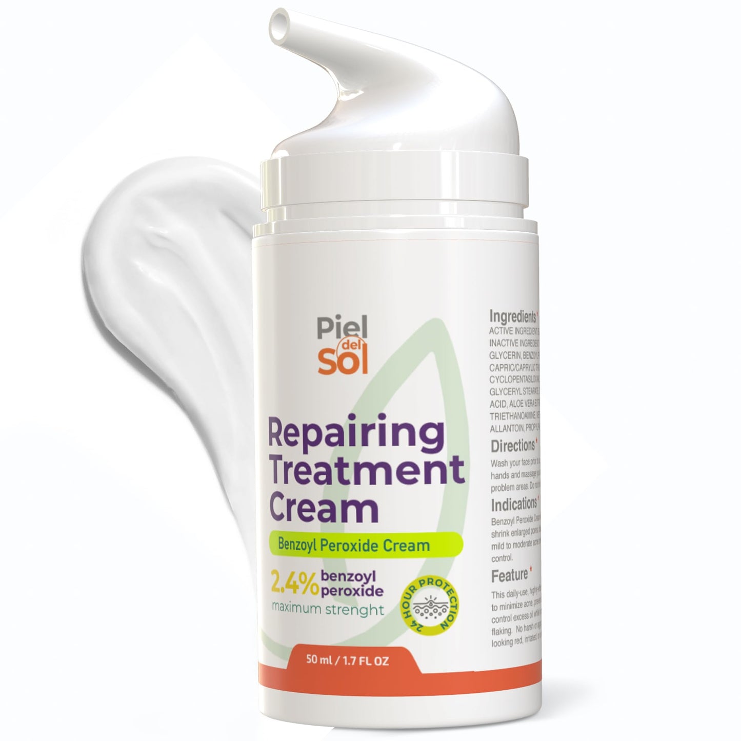 Piel del Sol cosmetics Acne Cleansing Cream & Repairing Treatment - Face & Body Skincare with Benzoyl Peroxide, Sweet Almond Oil, Tea Tree Oil, Aloe Vera Extract for Acne Spot Treatment, 50ml