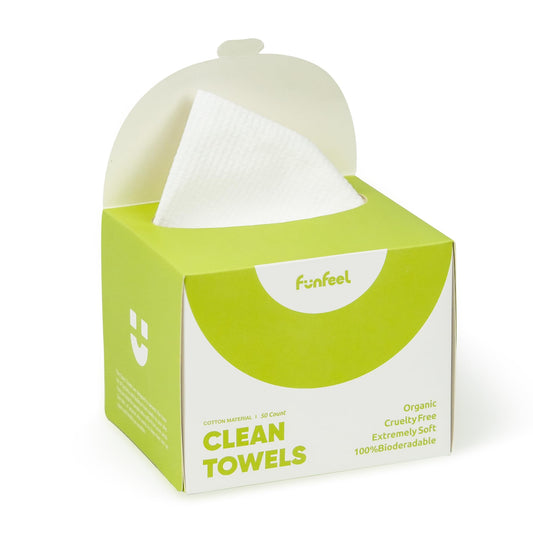 Funfeel Cotton Clean Towels - 100% Biobased, Disposable Face Towels for Sensitive Skin, Super Soft Biodegradable Makeup Remover Wipes, Facial Washcloth 50 Ct, 1 Pack, Made with 100% Cotton