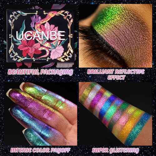 UCANBE Chameleon Multichrome Eyeshadow Palette, 10 Colors Shifting Chromatic Light-Reflecting Metallic Eye Shadow, Multi-Use Blendable Holographic Glitter Shimmer Eye Makeup Pallet (Solar Python)