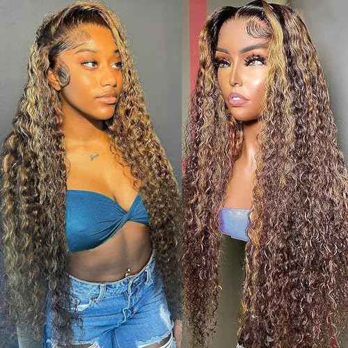 26 Inch 13x6 Deep Wave Lace Front Wigs Human Hair Honey Blonde HD Lace Frontal Wigs Ombre 4/27 Highlight Curly Lace Front Wigs Human Hair Pre Plucked with Baby Hair Water Wave Lace Frontal Wigs