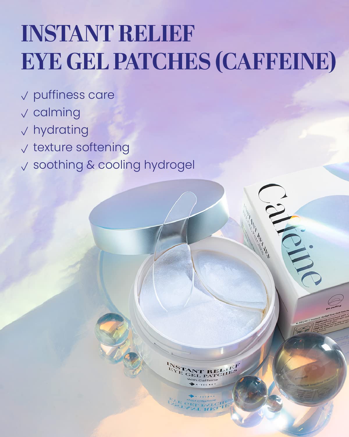 KSECRET Instant Relief Eye Gel Patches, 102g/3.45oz. 60pcs (15 full pairs) with CAFFEINE | Korean Skincare | Under Eye Cooling Masks for Anti-Wrinkles, Dark Circles, Puffiness, and Under Eye Bags…