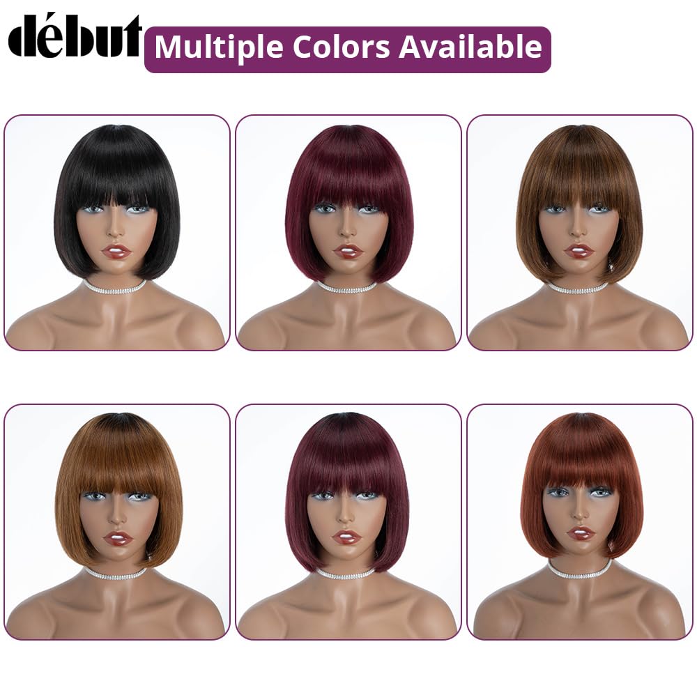 DÉBUT Short Bob Straight Wigs with Bangs Brazilian Human Virgin Hair Natural Black Non Lace Front Glueless Wig Brazilian Virgin Remy Hair 8 Inches