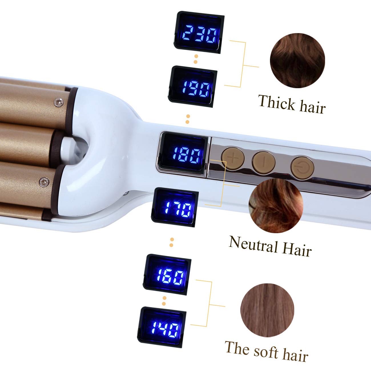 Ceramic Hair Crimper Iron Hair Waver 3 Barrel 0.6 inch / 16mm Perm Instant Curls Crimping Hair Curling Iron Valentines Day Gifts for Women Professional Crimping Iron (Gold & White)