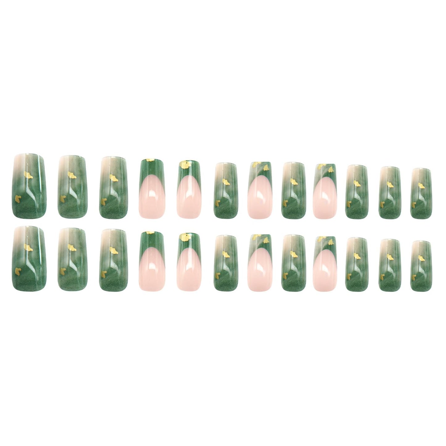 Nails Press Ons Medium Square Press on Nails Green Fake Nails with Gold Leaf Design Stick on Nails Full Cover Glossy Acrylic Nails French Tip Glue on Nails for Women Manicure 24Pcs