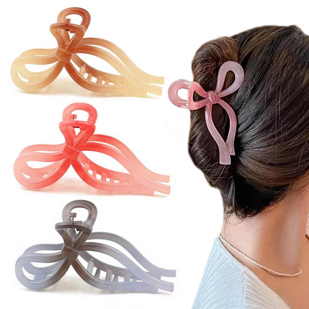 AJCRAN Bow Hair Clips, 2.4inch x 4.33inch, for Thick and Curly Hair, Nonslip Hair Claw Clips Strong Hold, 3 Count (Pink, Blue, Brown)