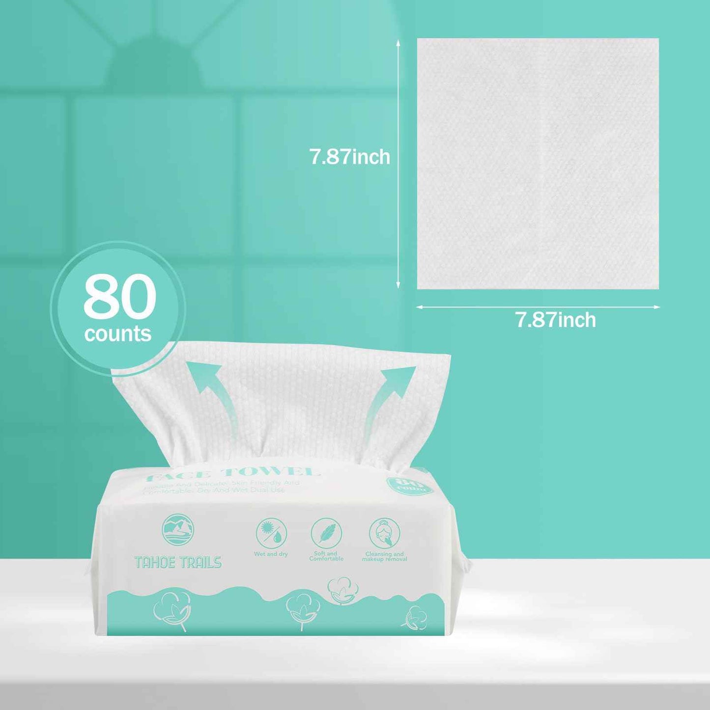 Tahoe Trails Disposable Face Towel, Soft Dry Wipe, Lint Free, Dry Wet Use for Sensitive Skin, Cotton Facial Tissue, Makeup Removing, Surface Cleaning 7.87 * 7.87inch, 80Count