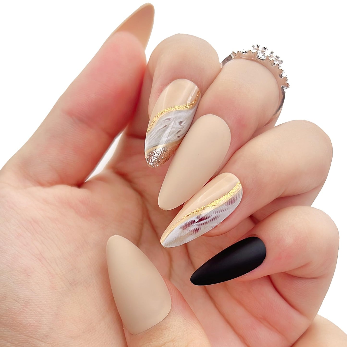 NGMATY Press On Nails Gold Curve Color Smudge Silver Glitter Solid Frosted Hand Medium Almond Shape Wearable Nails 12 Sizes 24 Pcs Gel False Nail Set