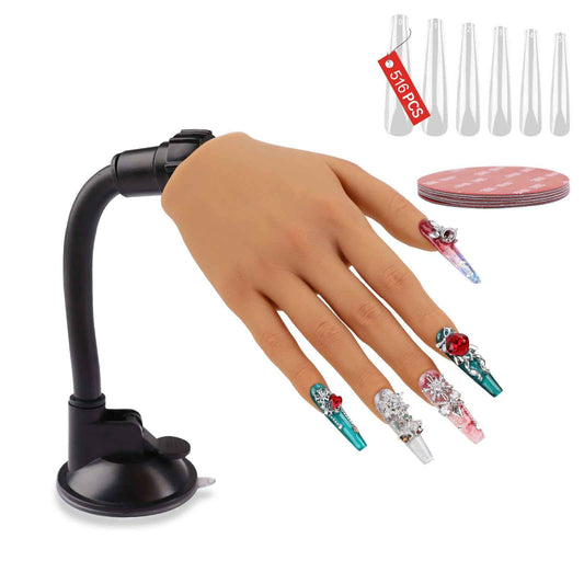 Nail Practice Hand for Acrylic Nails with 516 Pcs Nails, Silicone Fake Hands to Practice Fake Nails Mannequin Hand for Nails Practice and Nail Art Single Right Hand Brown