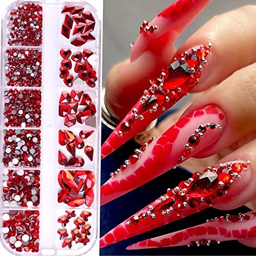 BELICEY Red Nail Rhinestones Kit 810PCS Multi-Shape Rhinestones for Nail Hearts Butterfly Charm Nail Dimond Gems Stone for Nail Art Jewels DIY Crafts Clothing