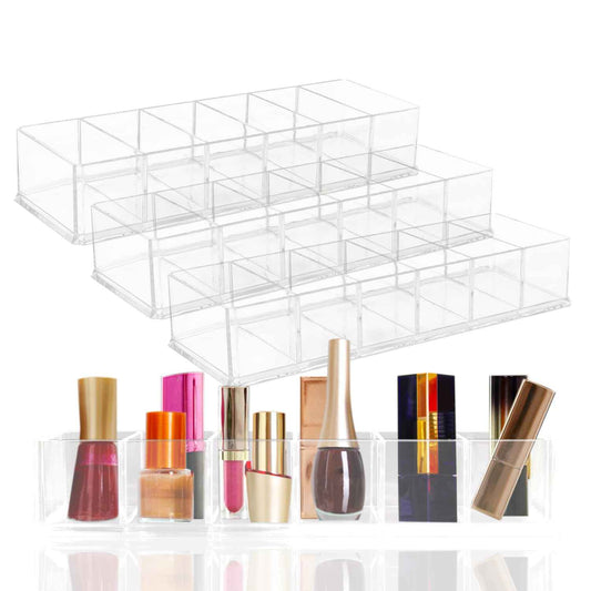 Nsmykhg Makeup Organizer Acrylic Cosmetic Storage Organizer,6 Compartments Acrylic Cosmetic Storage Jewelry Display Boxes, Clear Drawer Organizers Case,4 Pack (10 x 3.5 x 1.9 inches)