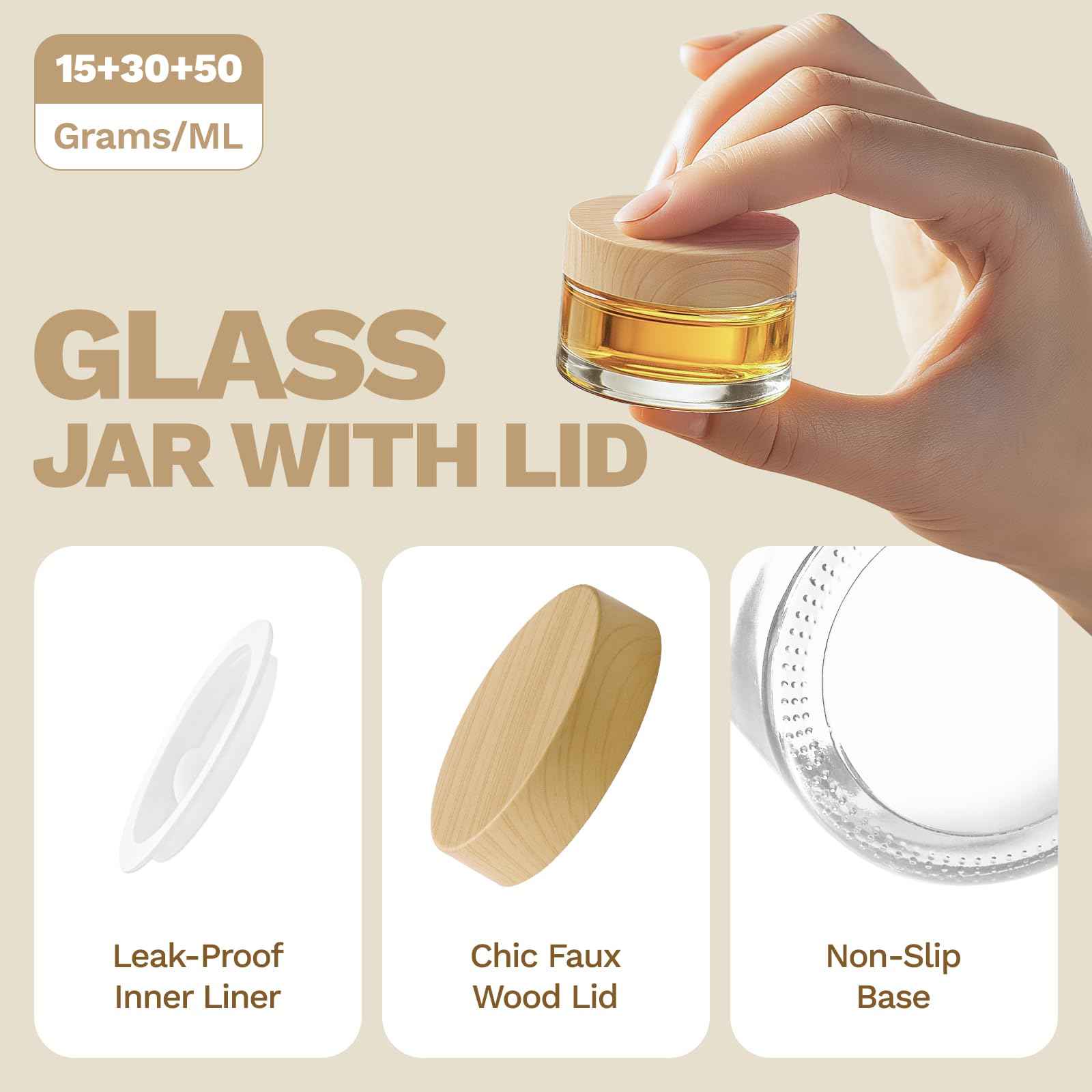 Bumobum 6-Pcs Glass Cosmetic Jars with Plastic Wood-Grain Lids – Refillable Travel Jars for Creams, Lotions, Skincare & DIY (15ml/30ml/50ml)