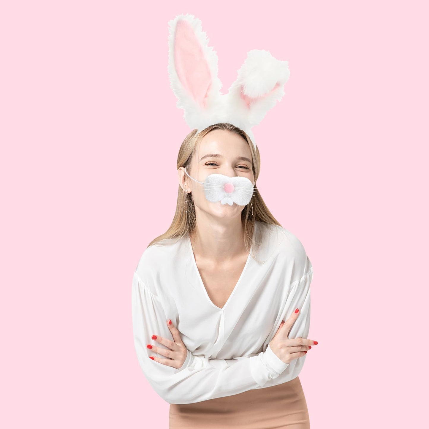 Gvhntk Bunny Ears Headbands Plush Fabric Bunny Nose Furry Rabbit Ear Headband Set Easter Party Prom Cosplay Supplies Halloween Costume Acessory for Women(White+Pink)