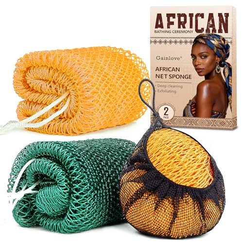 African Net Sponge Exfoliating Body Scrubber 2-Pack (Yellow & Dark Green)