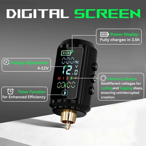 Neebol Wireless Tattoo Battery Pack – Rechargeable Cordless Tattoo Power Supply 1600mAh RCA Lithium Battery with LED Digital Display, 4 Memory Modes, One-Key Start for Tattoo Pen Rotary Machine 67M