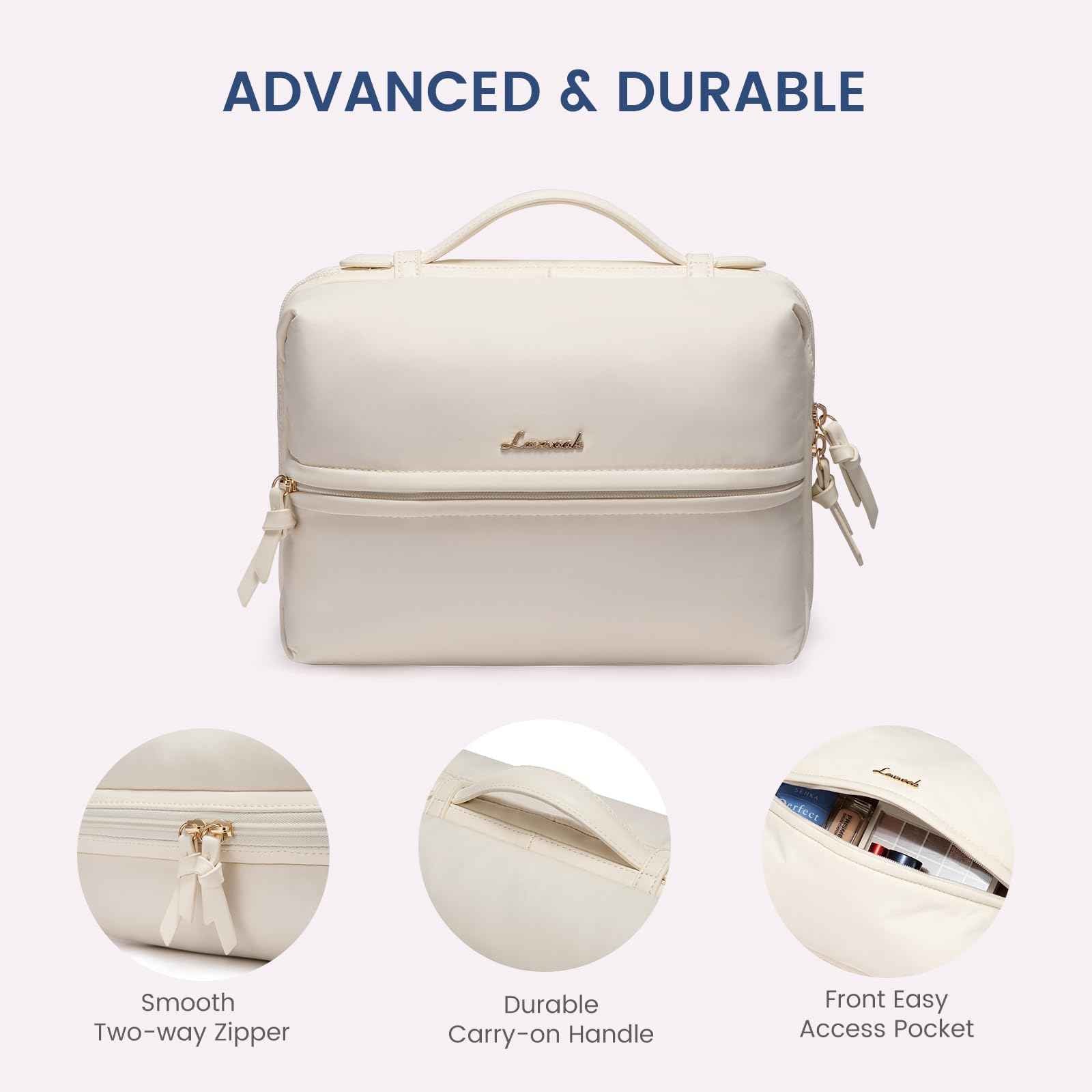 LOVEVOOK Travel Toiletry Bag With Hanging Hook for Women, Puffy Cosmetic Makeup Bag Organizer with Vegan Leather Handle for Accessories, Essentials, Toiletries, Off white