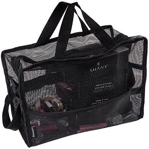 SHANY Collapsible Makeup Tools Travel Mesh Bag ? Large See-Thru Travel Tote with Shoulder Straps ? Water-Resistant with Zippered Pockets ? Black