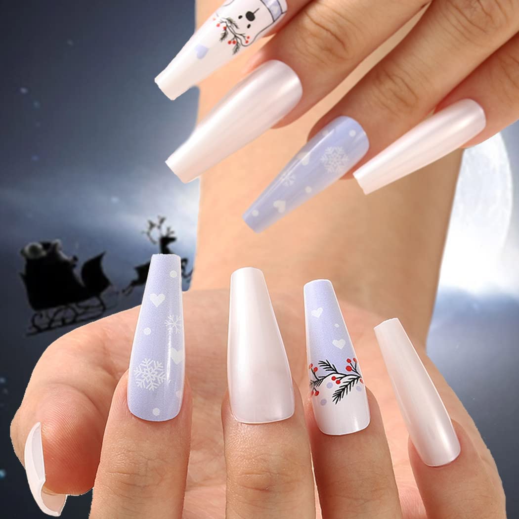 Uranian Coffin Extra Long Press on Nails Snowflake Red Christmas Fake Nails Elk Ballerina Glossy Full Cover False Nails Santa Claus Acrylic Nails Tips for Women and Girls 30 PCS (Pattern-G)