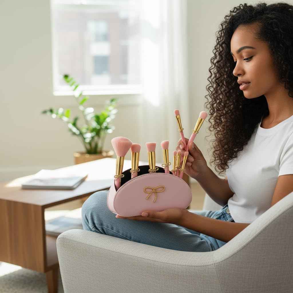 LUXAPE Bow Makeup Brush Set – 9-Piece - Pink bow makeup bag Coquette with Gold Bow & Storage Bag – Beginner Friendly makeup Brushes for Foundation, Contour & More