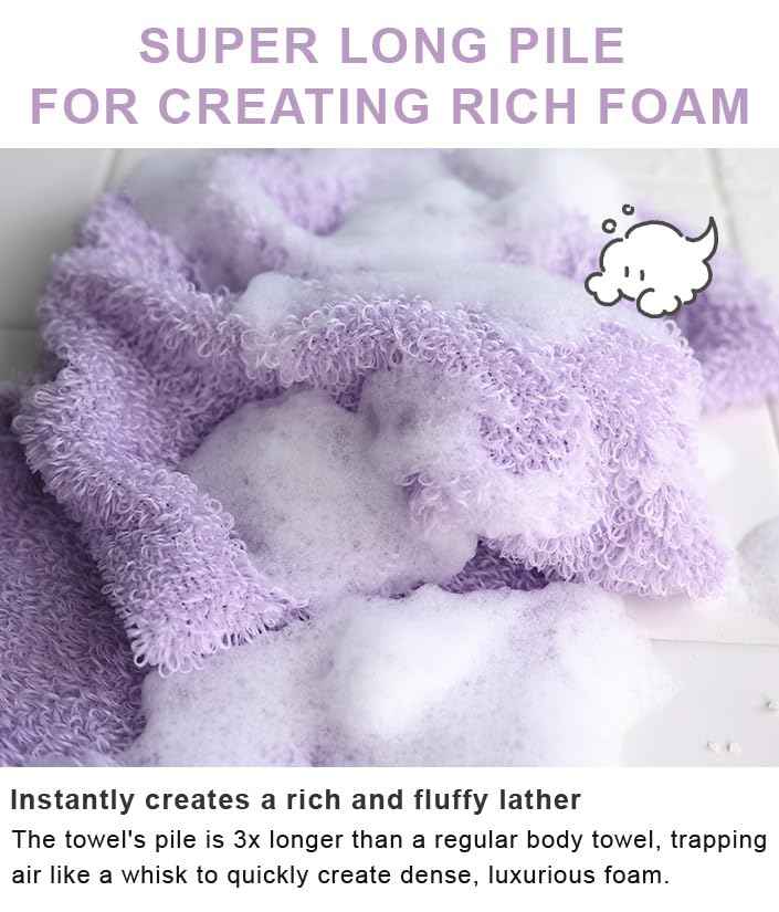 HIORIE Exfoliating Shower Towel - 2-Pack - Soft Washcloth for Rich, Luxurious Lather - White & Light Gray - Made in Japan