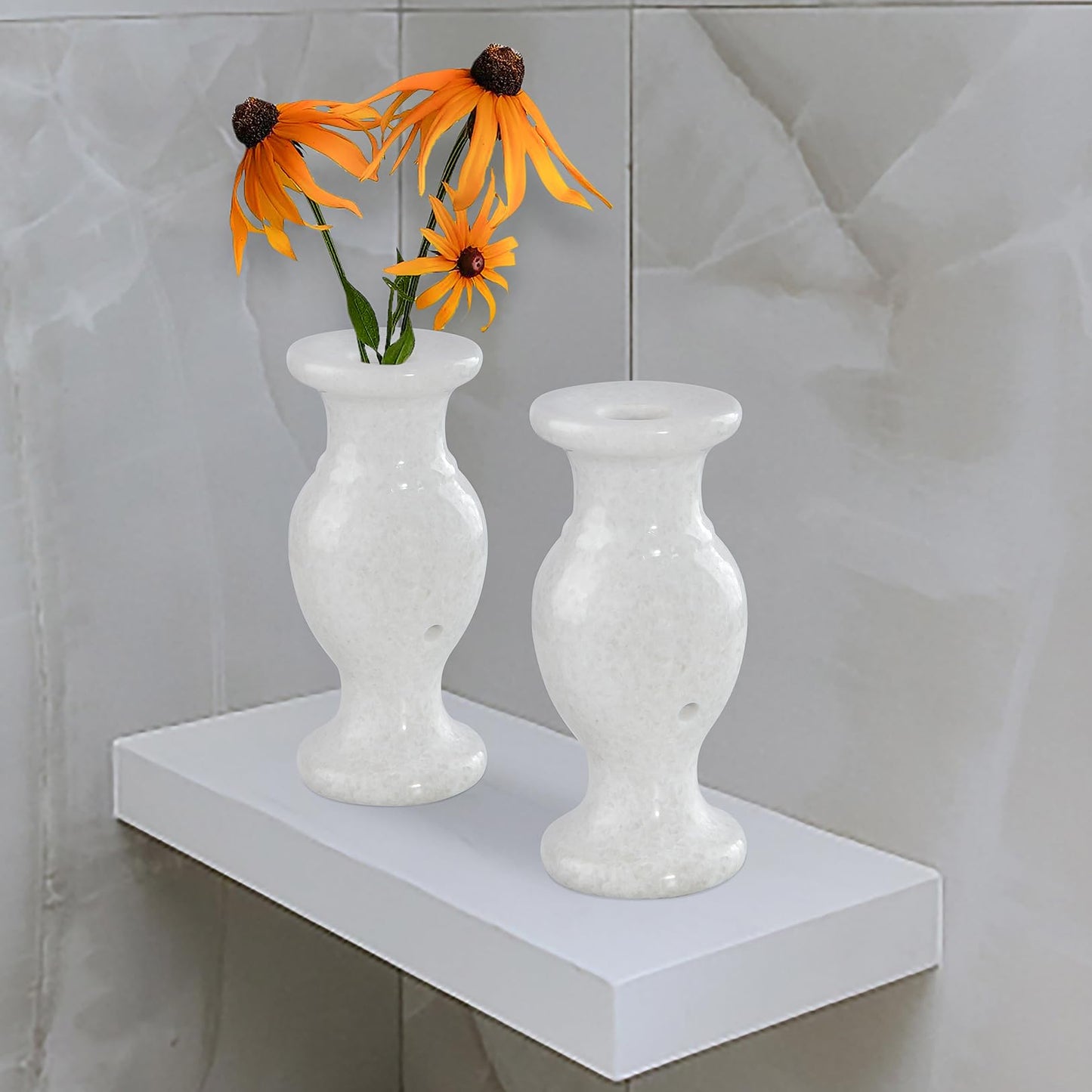 Cemetery Vase, Natural Marble Vases Flower Vases with Draining Holes for Indoor Outdoor Cemetery Memorial Grave Decorations (2, White)