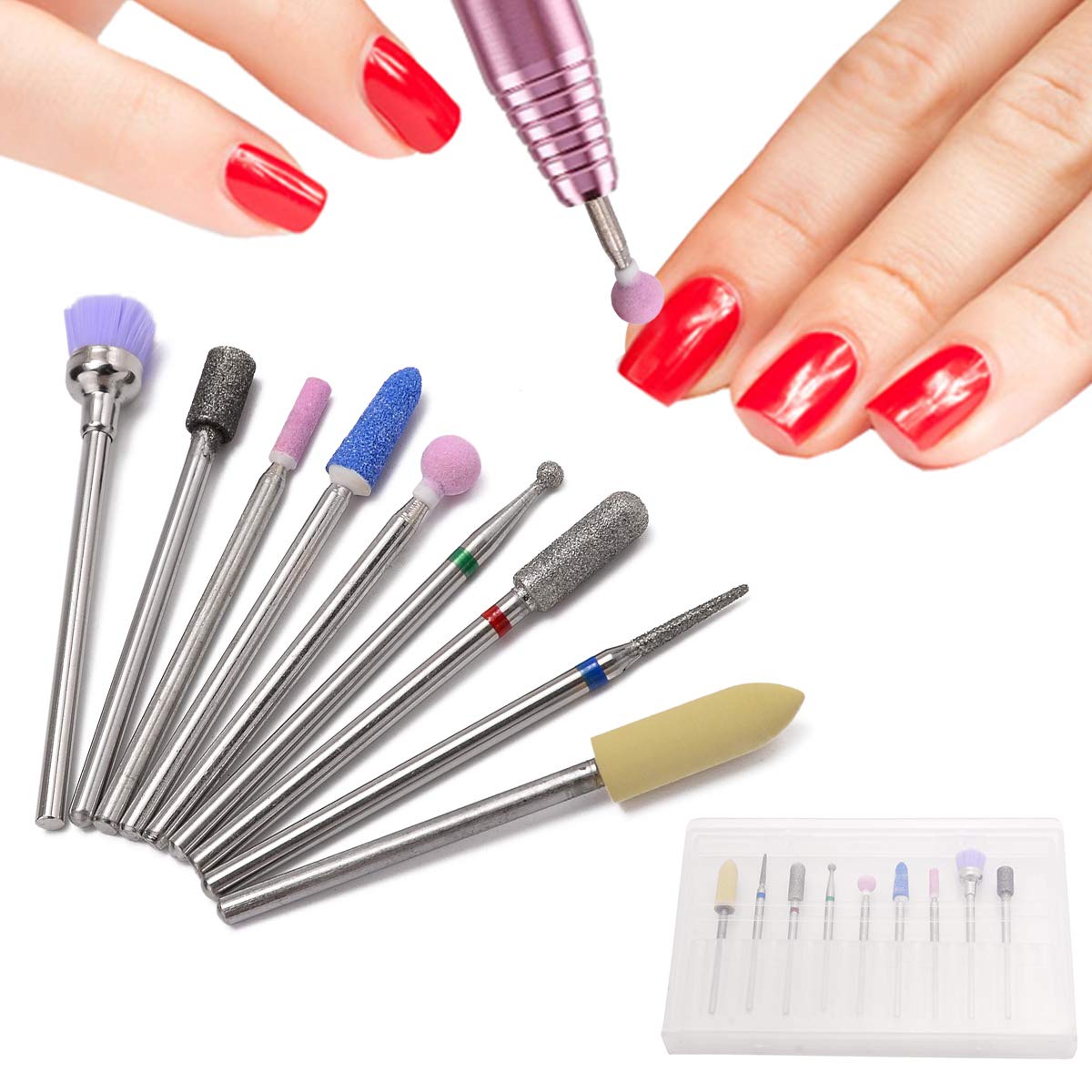 LANSEYQO Diamond Cuticle Nail Drill Bits Set 9Pcs, Rotary Burr Pedicure Tools Nail Files Electric Machine Accessory for Cuticle Clean Polishing, Nail Art Tools, Manicure Professional Salon or Home Use