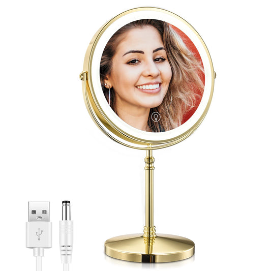 AMZNEVO Rechargeable 8'' Lighted Makeup Mirror, 1X 10X Magnifying Vanity Mirror with 3 Color LED Lights, Touch Sensor Adjust Brightness Double-Sided Cosmetic Mirror, Gold Finish