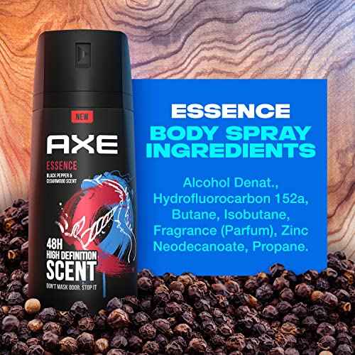 AXE Dual Action Body Spray Deodorant for Long Lasting Odor Protection Essence Black Pepper & Cedarwood Mens Deodorant Formulated Without Aluminum 4.0 oz, Twin Pack