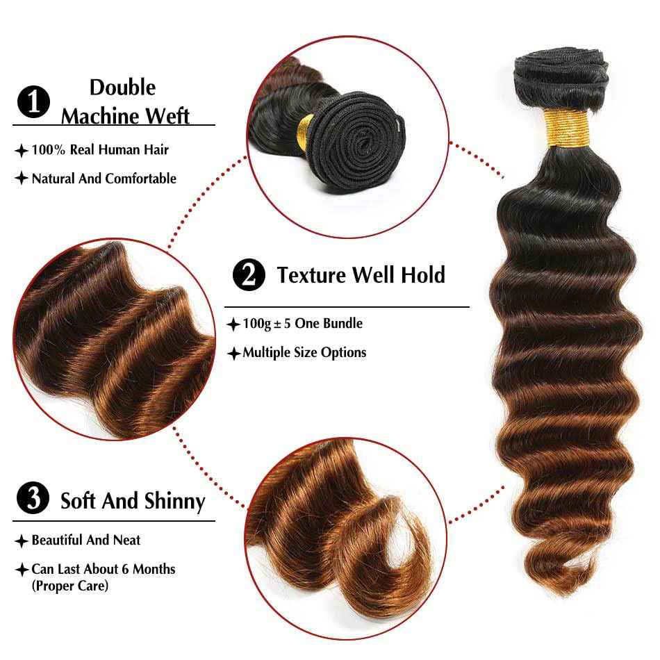 Ombre Human Hair Bundles Deep Wave Bundle 1B/30 Brown Bundles Human Hair 16 18 20 Inch Dark Brown Unprocessed Brazilian Remy Hair Extensions Salon Quality For Women Deals